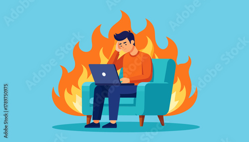 Workplace Burnout and Stress A depiction of overwhelmed worker with flames, representing a common struggle