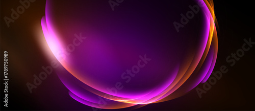 Abstract design features flowing purple, orange light curves. Dark background emphasizes vibrant central form. Smooth gradients create depth.