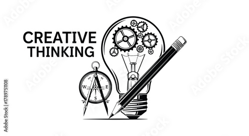 Spark innovative ideas with a pencil and compass guiding a lightbulb filled with gears, symbolizing creative thinking and problem-solving