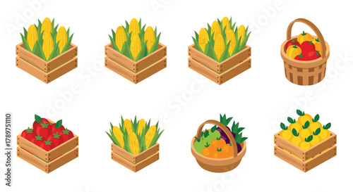 Abundant harvest of fresh corn, tomatoes, apples, and citrus fruits displayed in rustic crates and baskets, perfect for healthy eating campaigns