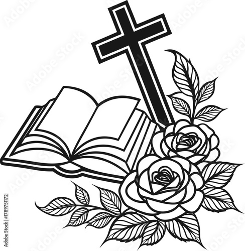 A black and white vector illustration of religious symbols is centered in the frame. The main subject is an open book with visible pages, resting beneath a large, silhouetted cross. Below the open boo