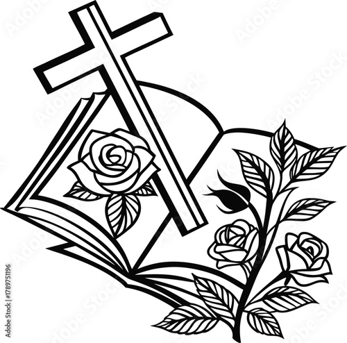 A black and white vector illustration of religious symbols is centered in the frame. The main subject is an open book with visible pages, resting beneath a large, silhouetted cross. Below the open boo