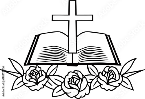 A black and white vector illustration of religious symbols is centered in the frame. The main subject is an open book with visible pages, resting beneath a large, silhouetted cross. Below the open boo
