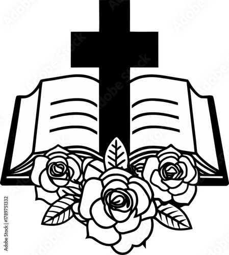 A black and white vector illustration of religious symbols is centered in the frame. The main subject is an open book with visible pages, resting beneath a large, silhouetted cross. Below the open boo