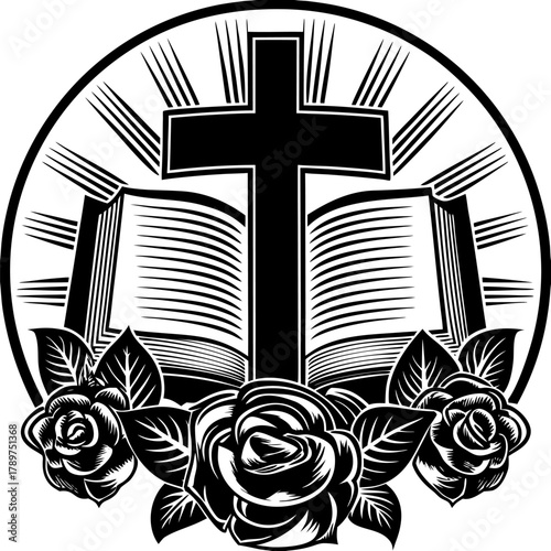 A black and white vector illustration of religious symbols is centered in the frame. The main subject is an open book with visible pages, resting beneath a large, silhouetted cross. Below the open boo