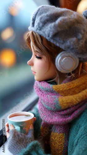 Cozy train ride vibes young woman enjoying her coffee and music while traveling looking out the window with stylish winter accessories