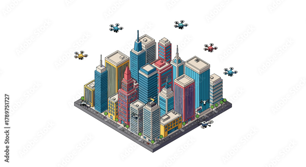 Naklejka premium Futuristic cityscape with drones delivering packages and monitoring urban environments, showcasing smart city innovation and future technology