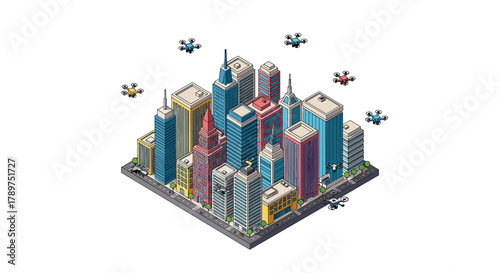 Futuristic cityscape with drones delivering packages and monitoring urban environments, showcasing smart city innovation and future technology