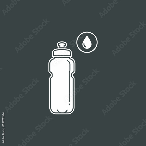 White water bottle with droplet symbol represents hydration and healthy lifestyle on dark gray backdrop, minimalist and clean design.