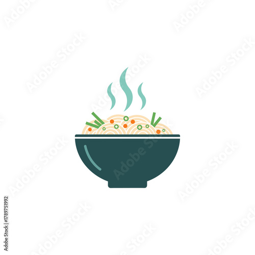Steaming bowl of noodles sits ready to be eaten, garnished with fresh herbs and vegetables, creating a warm and inviting food scene.