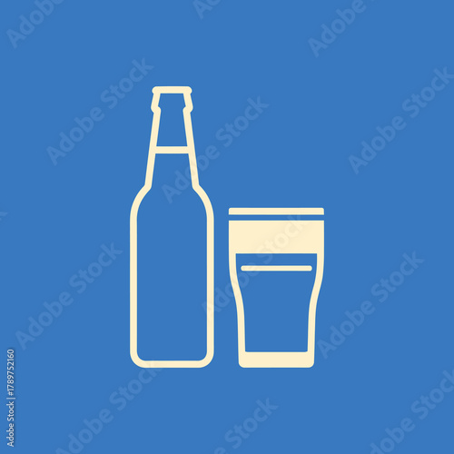 Beer bottle and pint glass sit on a blue surface, representing the concept of refreshment and relaxation, perfect for a bar or pub promotion.
