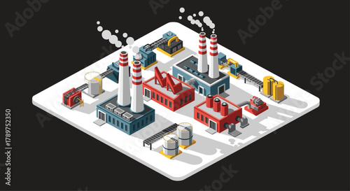 Dynamic industrial complex with smokestacks and conveyor belts, symbolizing production and modern manufacturing processes