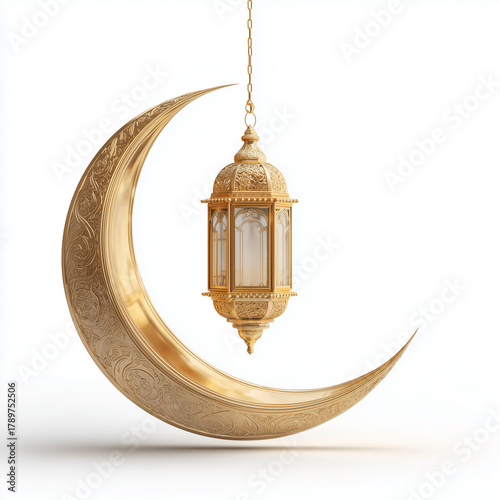 Golden crescent moon with hanging lantern on white background