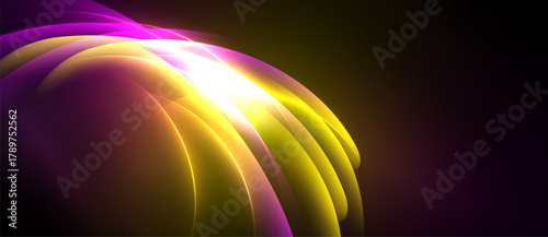 Abstract light shapes radiate from center. Vivid purple, yellow hues blend into darkness. Bright glow creates dynamic visual effect.