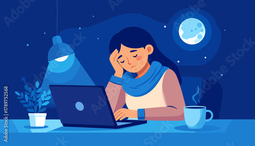 Woman Experiencing Burnout and Stress While Working Late at Night