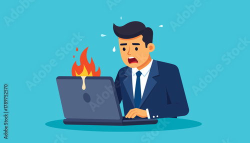 Burnout and Workplace Stress A Cartoon Depiction of a Laptop Overheating, Symbolizing Overwork