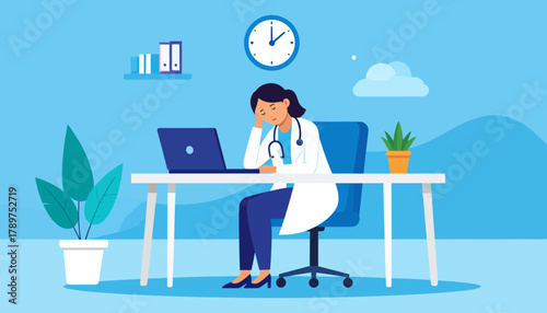 Burnout Stress Depressed Doctor Working in Office