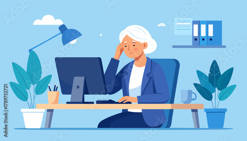 Overworked senior woman feeling headache and fatigue from job stress and professional burnout in the office