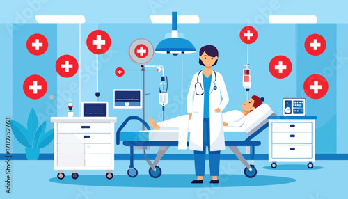 The overwhelming stress and professional burnout faced by doctors in healthcare, an illustration of a physician with a patient in an intensive care unit