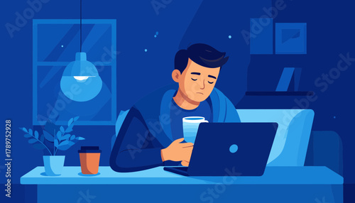 Exhausted Man Battling Burnout and Stress, Working on Laptop Late at Night in Bed, Highlighting Modern Workload Pressures