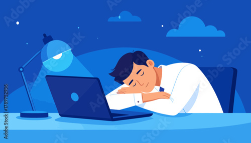 A professional experiencing severe burnout and overwhelming stress, asleep on their desk late at night, illustrating the mental exhaustion and consequences of overwork
