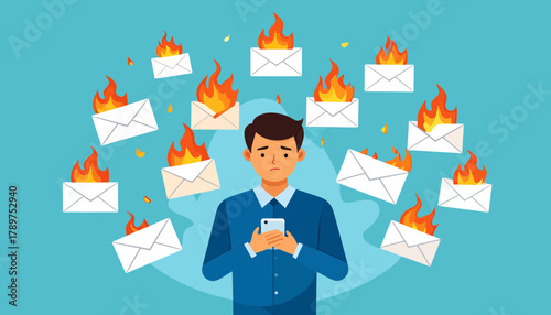 Conceptual illustration of professional burnout and stress from digital information overload and constant email notifications