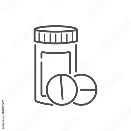 Pill bottle flat line icon. Vector outline pictogram of pharmaceutical container jar with prescription cap and medical tablets, symbolizing pharmacy medication, vitamin supplement