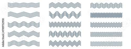 Wave line pattern set. Wavy, ripple, squiggle strokes with zigzag variations included. Vector seamless border collection. Dividers for headers, frames, graphic designs. Curve elements for web layouts.