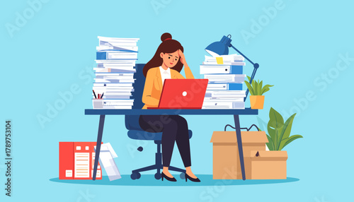 Conceptual illustration of professional burnout and work-related stress, showing an exhausted woman overwhelmed by deadlines and paperwork