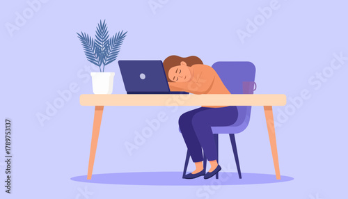 Battling professional burnout and chronic stress, an exhausted woman falls asleep on her laptop at the office desk
