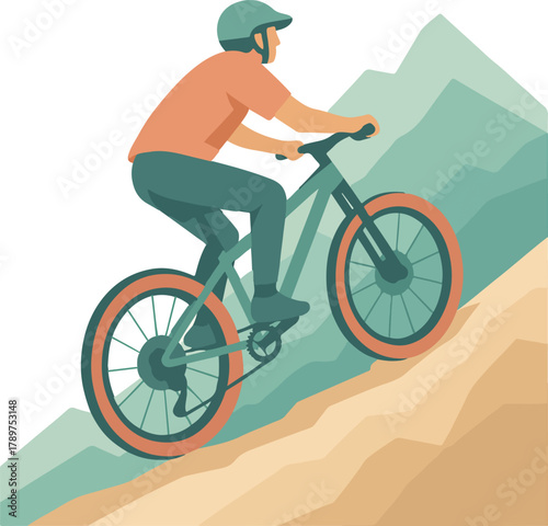 Man riding bicycle on mountain slope illustration biking