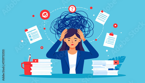 Stressed businesswoman suffering from professional burnout due to a heavy workload and anxiety