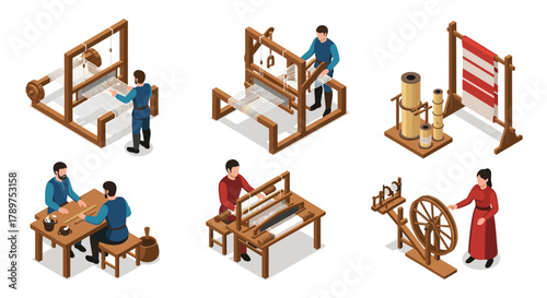 Skilled artisans craft textiles using traditional looms and spinning wheels in a historical workshop setting, showcasing heritage craftsmanship
