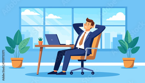 Overcoming burnout and stress a businessman relaxes at his desk in a modern office with a scenic view