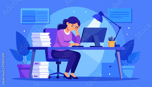 Overwhelmed professional experiencing burnout and stress while working late at her desk with stacks of papers and a computer