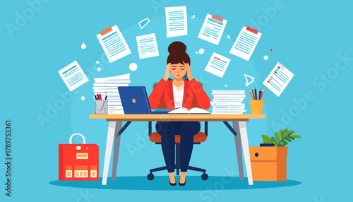 Burnout and Stress Overload A Woman Overwhelmed by Paperwork
