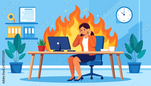 A professional woman experiencing immense workplace stress and emotional burnout, illustrated by flames in a modern office