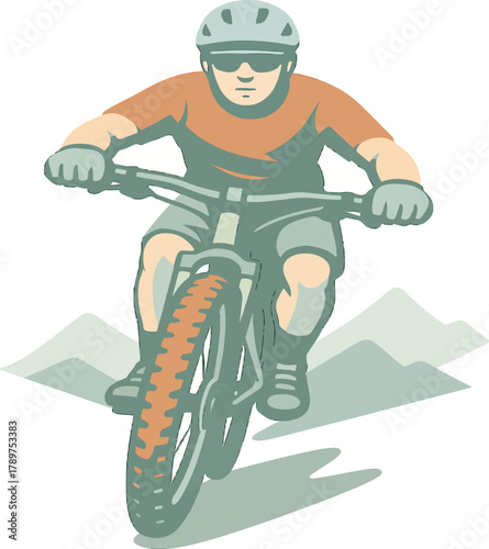 Man riding mountain bike downhill through mountains
