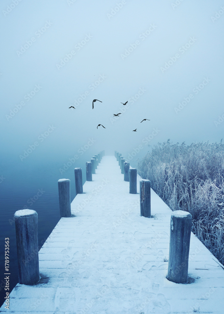 Fototapeta premium foggy winter morning near the wooden pier at lake