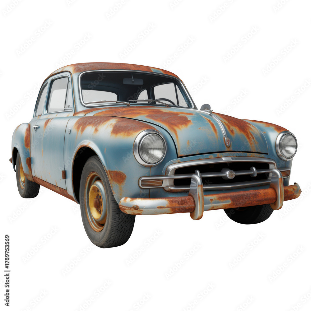 Fototapeta premium Weathered blue vintage automobile isolated on a transparent background
