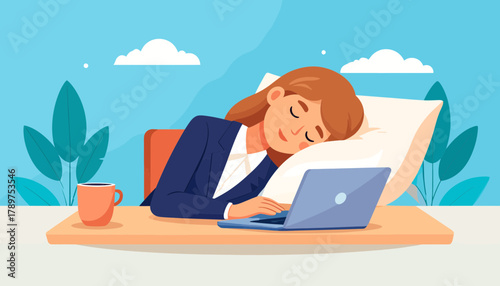 Businesswoman experiencing burnout and stress, sleeping at her desk with a laptop