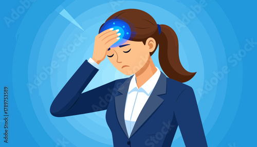 Businesswoman experiencing a severe headache from professional burnout and work-related stress
