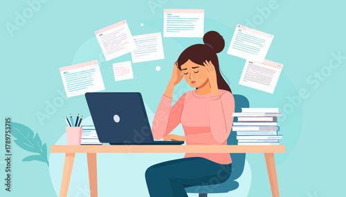 An illustration of a young woman experiencing professional burnout and stress, feeling overwhelmed by her workload and deadlines at the office desk