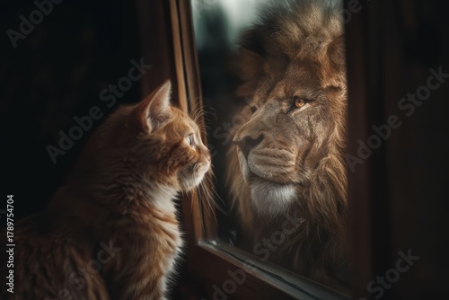 Small cat looks into the mirror and sees a mighty lion, show inner power and self belief, confidence, potential, and the unseen strength waiting to emerge when time is right.