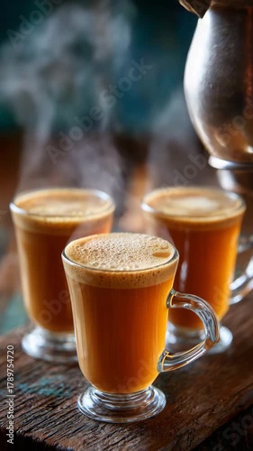 Steaming chai tea being poured creates a warm inviting atmosphere perfect for relaxation and connection with its rich flavors and comforting aroma