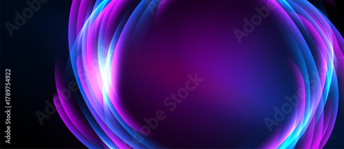 Abstract vibrant layers create luminous purple, blue glow. Smooth curves suggest energy, motion, depth. Dark background emphasizes bright center.