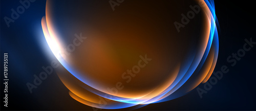 Abstract design features flowing curves, warm colors, cool blues. Light creates dynamic visual impact against dark background.