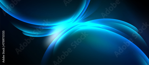 Abstract blue shapes blend, creating luminous curves. Dark background emphasizes bright central glow, suggesting energy, motion.