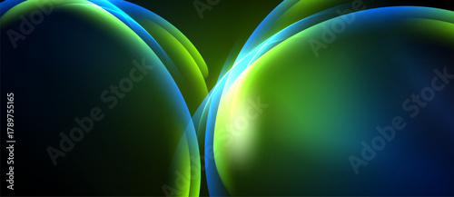 Abstract shapes blend, creating luminous curves. Green, blue hues dominate dark background. Smooth gradients suggest fluidity, depth.