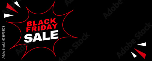 black friday sale vector banner template: comic pop art starburst discount sign on dark background with red accents